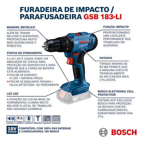 PARAFU/FURADE C/IMPACT C/BAT+MAL GSB 183-LI 18V BOSCH ECOM*