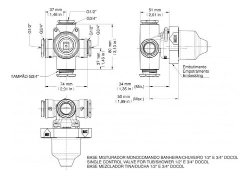 Base Misturador Monocomando P/Banheira E Chuveiro Alta Pressão 00545800 Docol