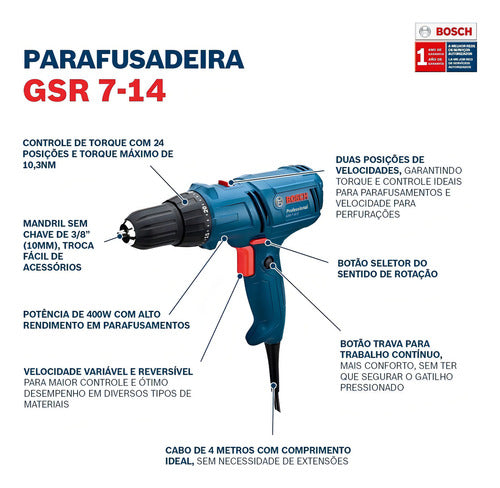 PARAFU/FURADE GSR 7-14E 400W 220V BOSCH ECOM*